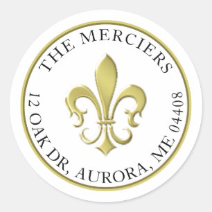 Fleur de Lis Metallic Gold Return Address Classic Round Sticker