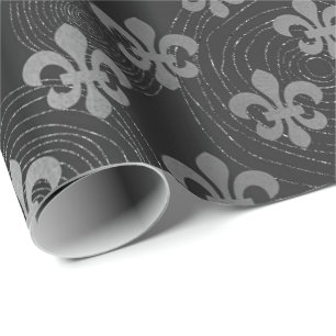 Fleur de Lis Metallic Silver Black Grey Circles Wrapping Paper