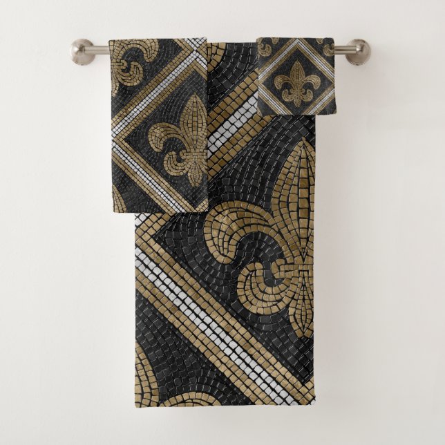 Fleur-de-lis mosaic tile pattern black and gold bath towel set (Insitu)