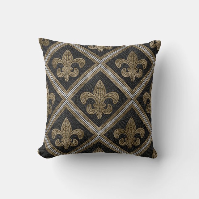 Fleur-de-lis mosaic tile pattern black and gold cushion (Front)