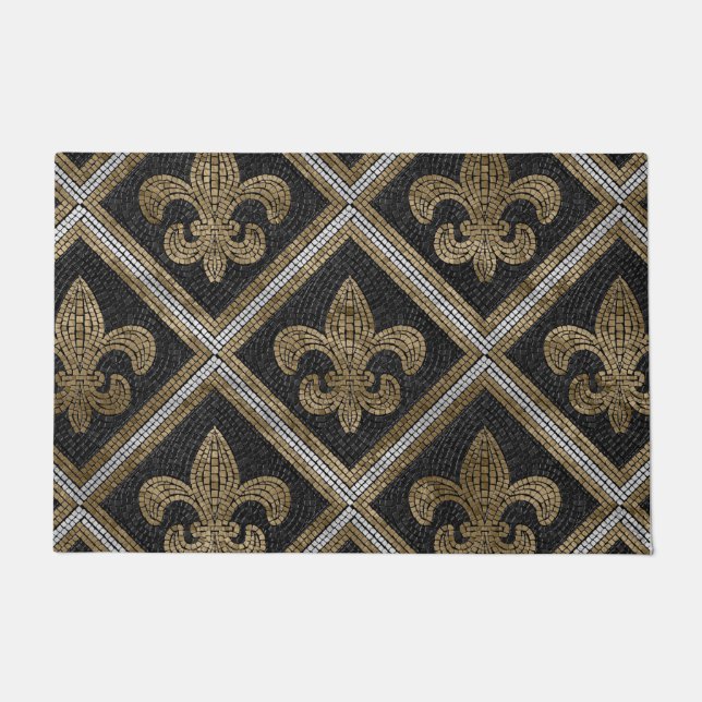 Fleur-de-lis mosaic tile pattern black and gold doormat (Front)