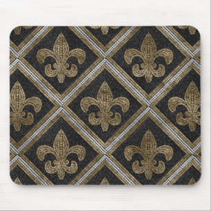 Fleur-de-lis mosaic tile pattern black and gold mouse pad