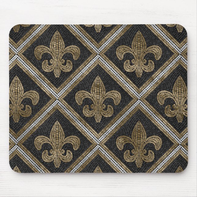 Fleur-de-lis mosaic tile pattern black and gold mouse pad (Front)