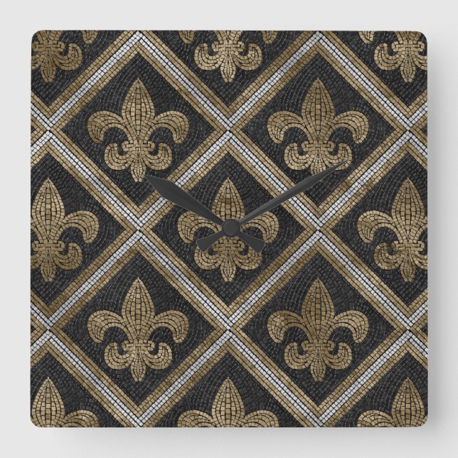 Fleur-de-lis mosaic tile pattern black and gold square wall clock (Front)