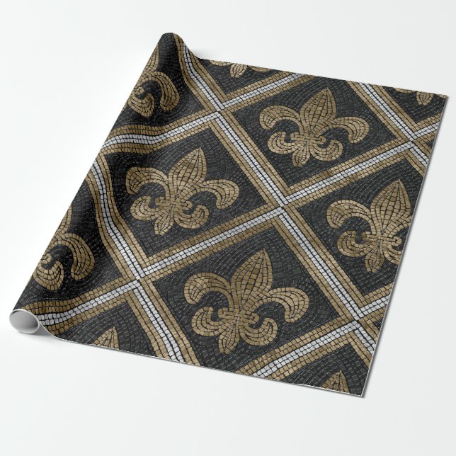 Fleur-de-lis mosaic tile pattern black and gold wrapping paper (Unrolled)