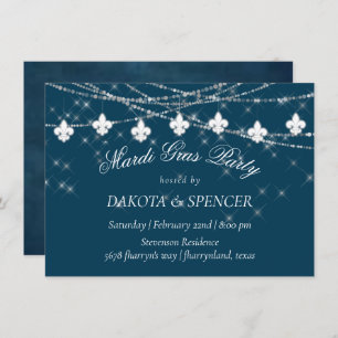 Fleur de Lis Navy Blue Lights Rustic Engagement Invitation