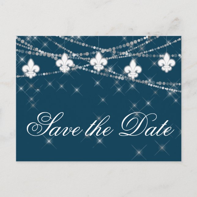 Fleur de Lis Navy Blue Lights | Rustic Wedding Announcement Postcard (Front)