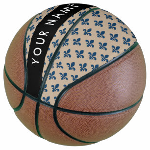 Fleur de Lis, Navy Blue on Beige, Royal, Your Name Basketball