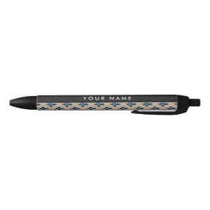 Fleur de Lis, Navy Blue on Beige, Royal, Your Name Black Ink Pen