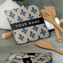 Fleur de Lis, Navy Blue on Beige, Royal, Your Name