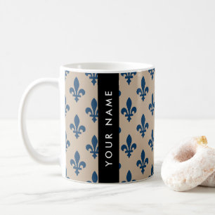 Fleur de Lis, Navy Blue on Beige, Royal, Your Name Coffee Mug