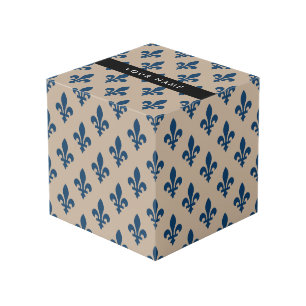 Fleur de Lis, Navy Blue on Beige, Royal, Your Name Cube