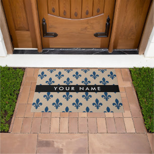 Fleur de Lis, Navy Blue on Beige, Royal, Your Name Doormat