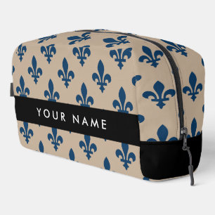 Fleur de Lis, Navy Blue on Beige, Royal, Your Name Dopp Kit