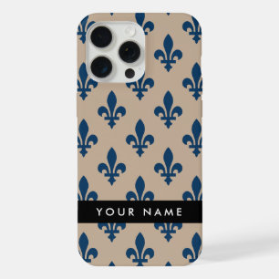 Fleur de Lis, Navy Blue on Beige, Royal, Your Name iPhone 15 Pro Max Case