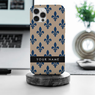 Fleur de Lis, Navy Blue on Beige, Royal, Your Name iPhone 15 Pro Max Case