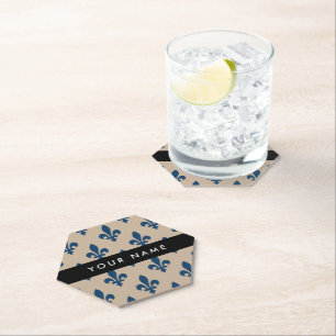Fleur de Lis, Navy Blue on Beige, Royal, Your Name Paper Coaster
