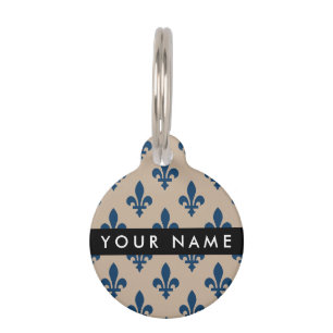 Fleur de Lis, Navy Blue on Beige, Royal, Your Name Pet Tag