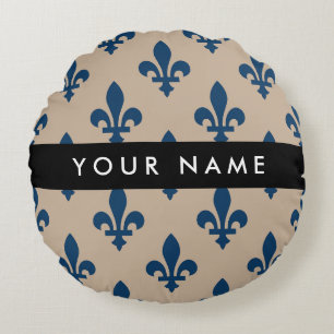 Fleur de Lis, Navy Blue on Beige, Royal, Your Name Round Cushion