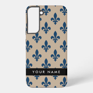 Fleur de Lis, Navy Blue on Beige, Royal, Your Name Samsung Galaxy Case