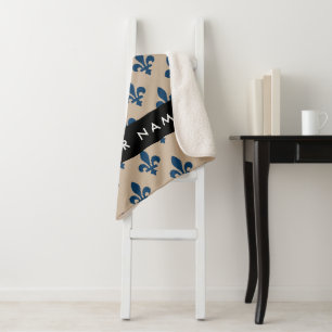 Fleur de Lis, Navy Blue on Beige, Royal, Your Name Sherpa Blanket