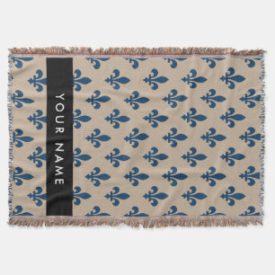 Fleur de Lis, Navy Blue on Beige, Royal, Your Name Throw Blanket