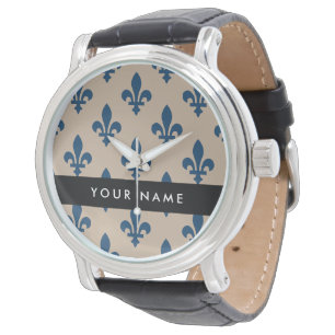 Fleur de Lis, Navy Blue on Beige, Royal, Your Name Watch