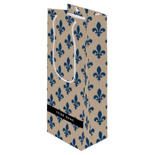 Fleur de Lis, Navy Blue on Beige, Royal, Your Name Wine Gift Bag