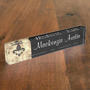 Fleur-de-Lis Office   Sepia Beige Brown Butterfly Nameplate