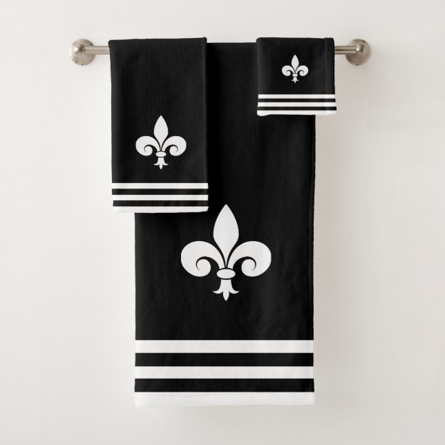 Fleur-de-Lis on Black and White Bath Towel Set (Insitu)