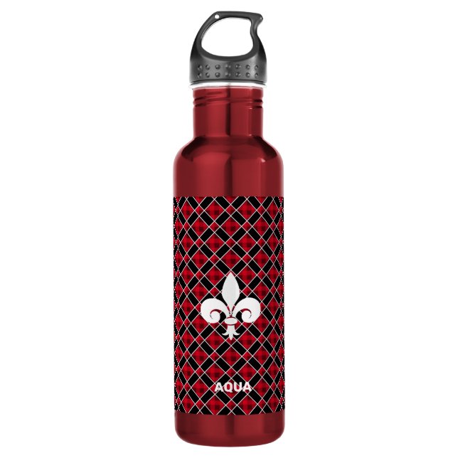 Fleur-de-Lis on Black & Red Chequered 710 Ml Water Bottle (Front)