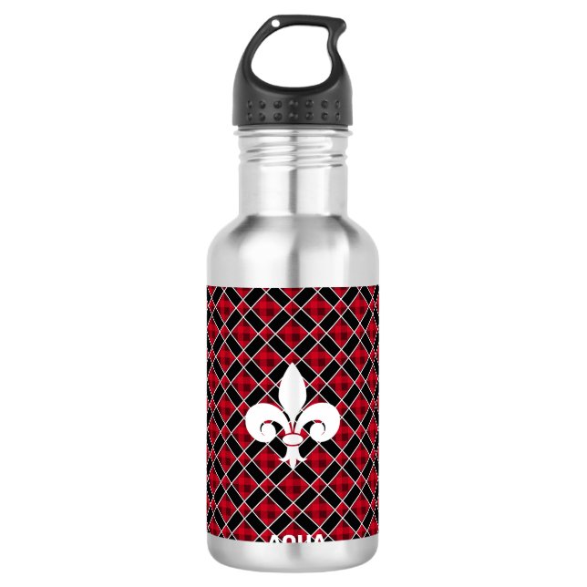 Fleur-de-Lis on Black & Red Chequered 710 Ml Water Bottle (Front)