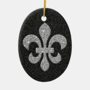 fleur-de-lis on black white glittery effect ceramic ornament