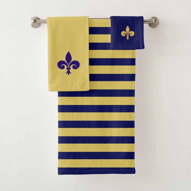 Fleur de Lis on Golden & Navy Blue Bath Towel Set (Insitu)