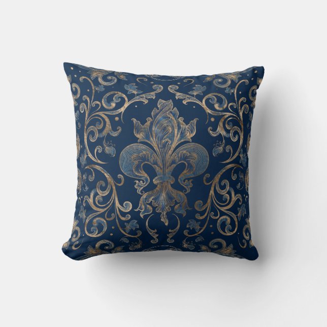 Fleur-de-lis ornament Blue Marble and Gold Cushion (Front)
