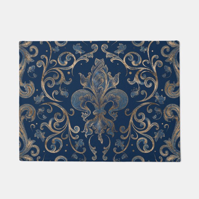 Fleur-de-lis ornament Blue Marble and Gold Doormat (Front)
