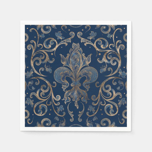 Fleur-de-lis ornament Blue Marble and Gold Napkin (Front)