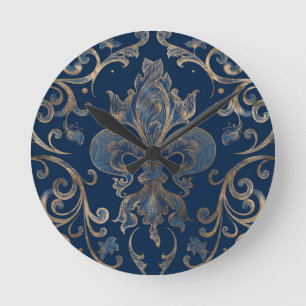 Fleur-de-lis ornament Blue Marble and Gold Round Clock