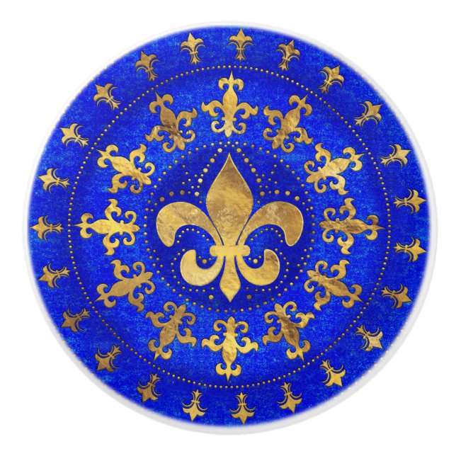Fleur-de-lis ornament Lapis Lazuli and Gold Ceramic Knob (Front)
