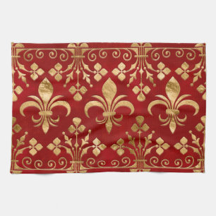 Fleur-de-lis ornament Luxury Red Tea Towel