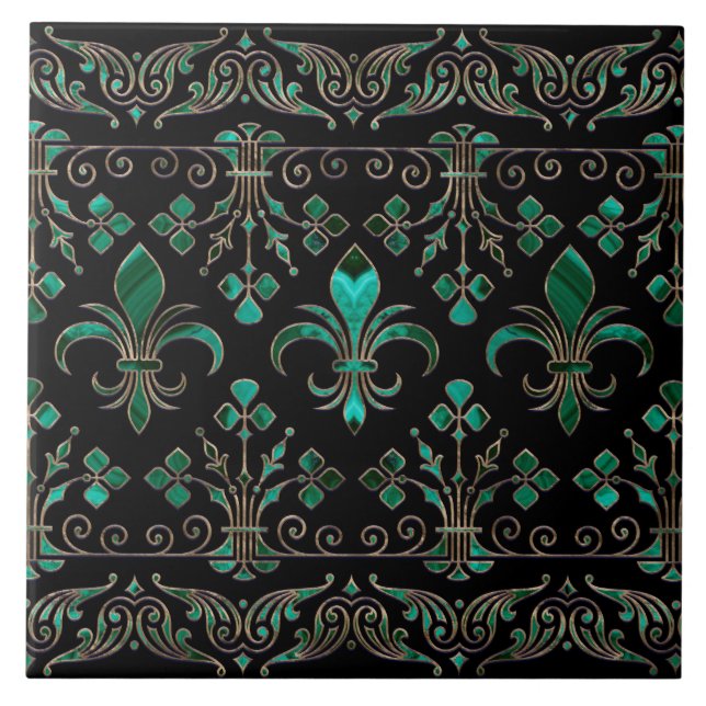 Fleur-de-lis ornament Malachite Green Ceramic Tile (Front)