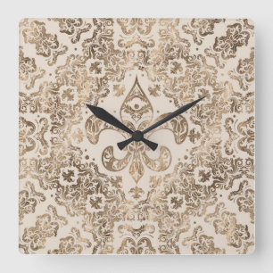 Fleur-de-lis Ornament - pastel gold Square Wall Clock