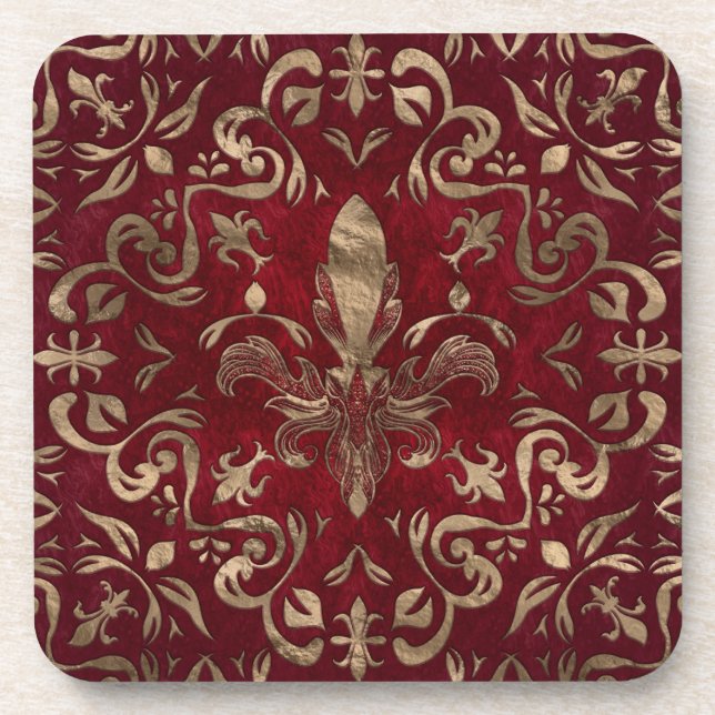 Fleur-de-lis ornament Red and Gold Coaster (Front)