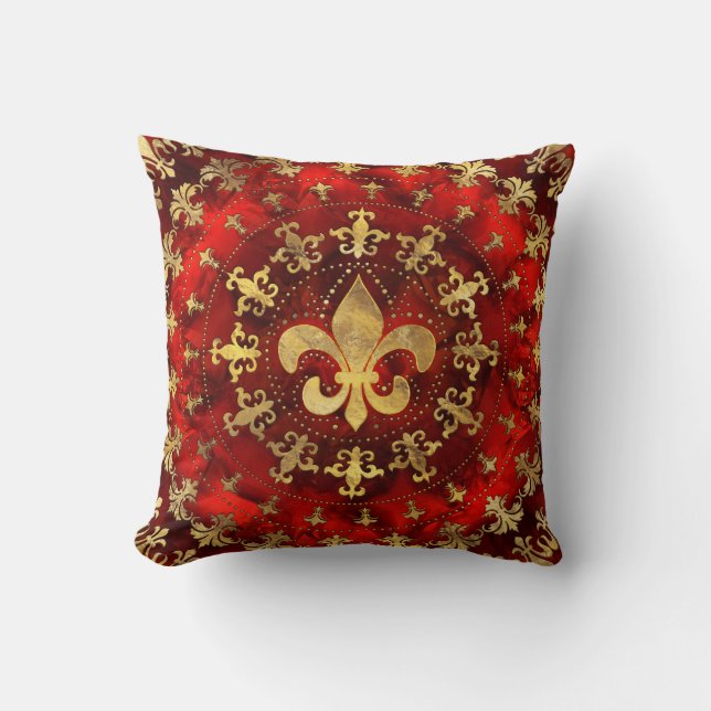 Fleur-de-lis ornament Red Marble and Gold Cushion (Front)