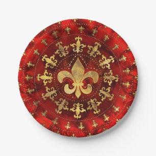 Fleur-de-lis ornament Red Marble and Gold Paper Plate