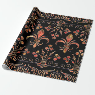 Fleur-de-lis ornament Red marble Wrapping Paper