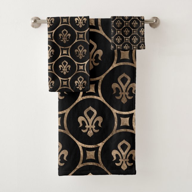 Fleur-de-lis pattern - Black and Gold Bath Towel Set (Insitu)