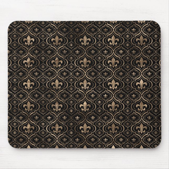 Fleur-de-lis pattern black and gold mouse pad (Front)