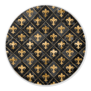 Fleur-de-lis pattern Black Marble and Gold Ceramic Knob