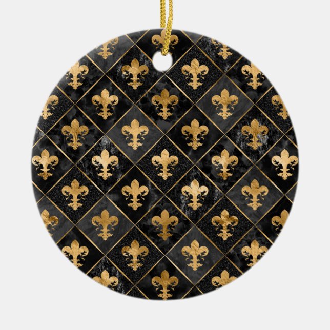 Fleur-de-lis pattern Black Marble and Gold Ceramic Ornament (Front)